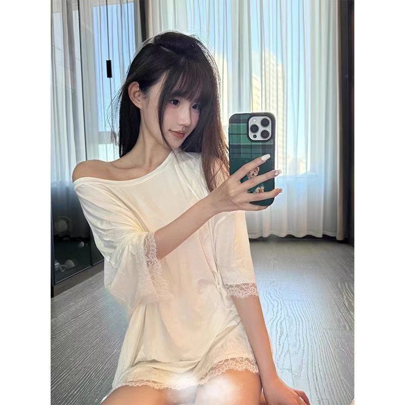 

Women s solid color new pure desire design slanted shoulder lace splicing short-sleeved loungewear set M