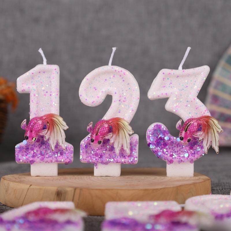 Gradient Pink and Purple Goldfish Digital Birthday Handmade Candle Cake Decoration First Birthday Diy0-9