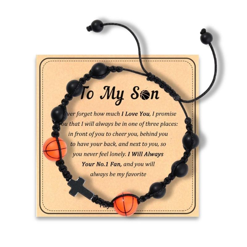 Sports Themed Wooden Crucifix Bracelet For Men Natural Wood Beads Black Woven Cord Inspirational Jewelry Gift