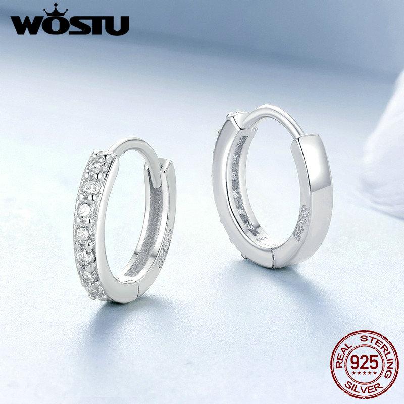 WOSTU 925 Sterling Silver Simple Zircon Round Hoop Earrings for Women European Classical Rock Hoops Wedding Jewelry Accessories
