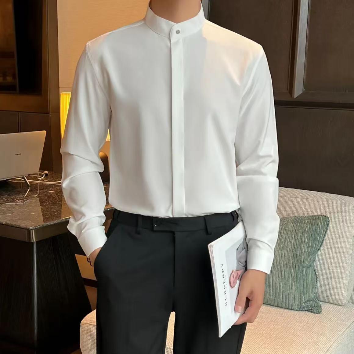 Весенние новые однотонные рубашки мужские корейские модные мужские рубашки с воротником-стойкой и длинным рукавом M белый
