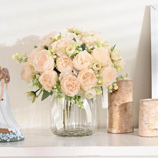 5-Head Artificial Peony Bouquet with Buds Realistic Faux Silk Peony Flower with Stem for Wedding Bridal Bouquet Floral Arrangement Table Centerpiece