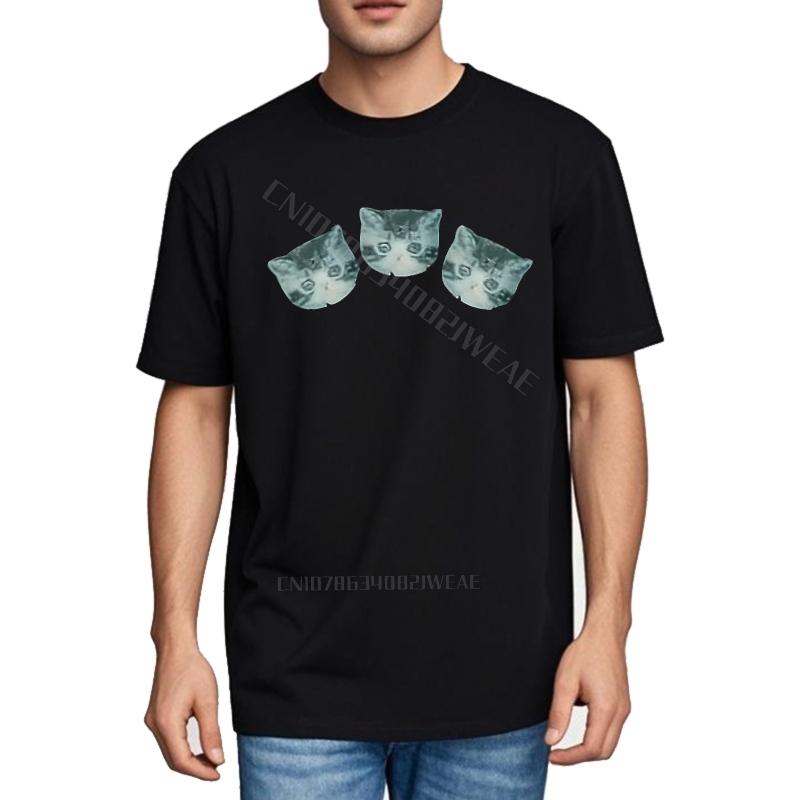 T Shirt Unisex Breathable Cotton Tshirt Three Cat Faces On Chest Streetwear Everyday Tees Minimalist Soft Cotton Teeshirt Black