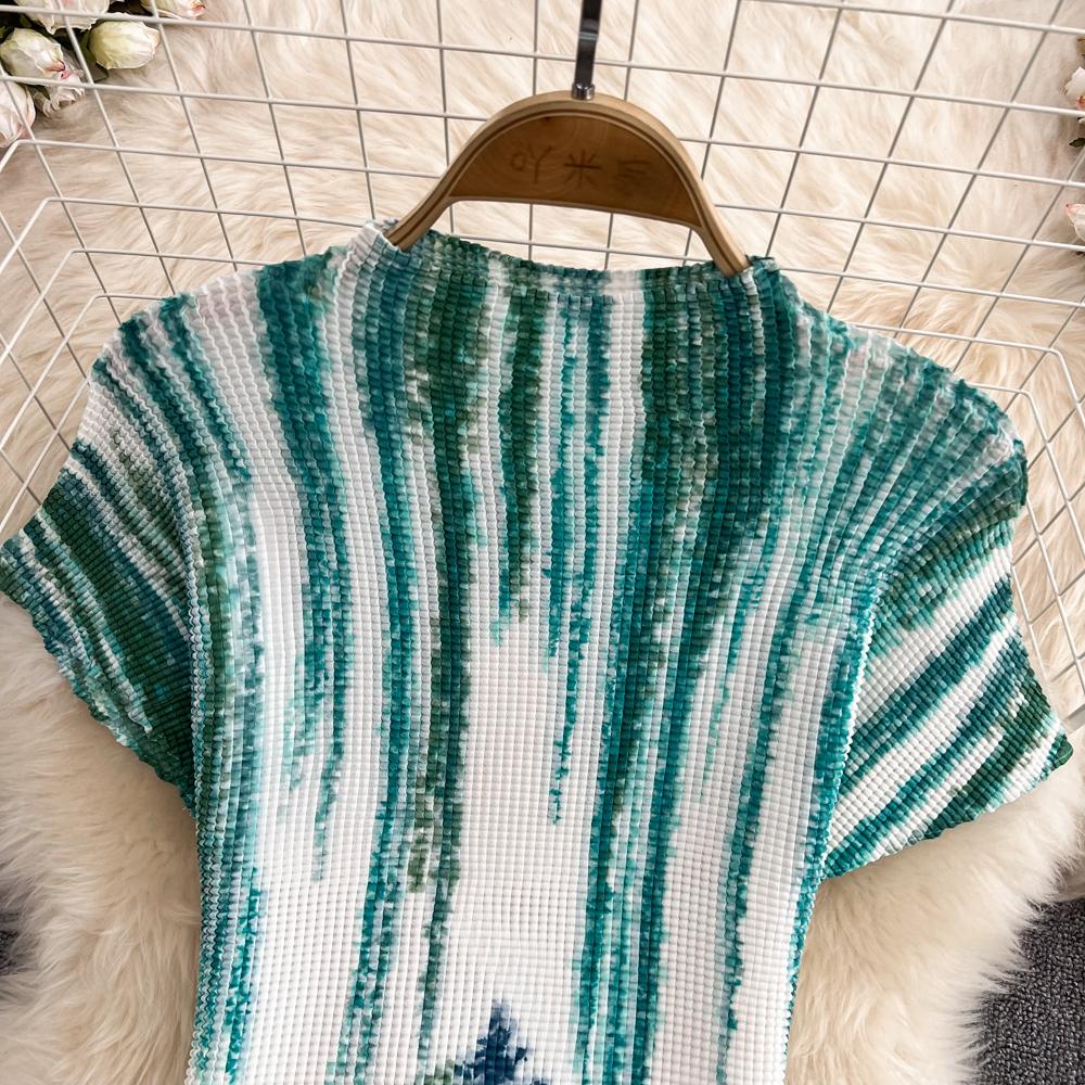 Women's Fashion Suit Gradient Color Slim Short Top Two Piece High Waist Pleated Skirt