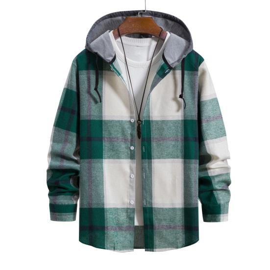 Männer Frühling Herbst Mit Kapuze Kordelzug Hemd Mantel Langarm Plaid Print Einfarbig Patchwork Farbe Einreiher Casual Mantel