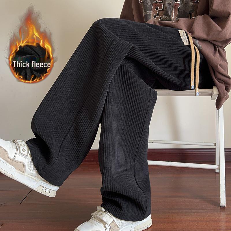 Khaki Velvet-Lined Corduroy Sweatpants for Boys - Oversized Wide-Leg Winter Trousers, American Style