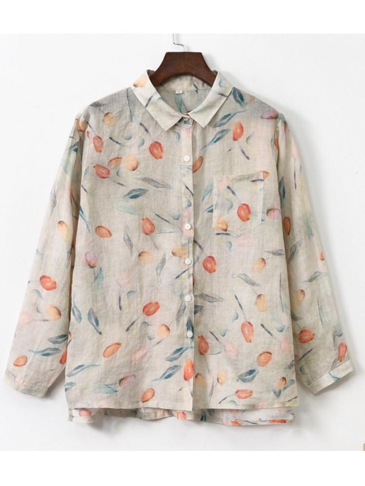 Women Spring Floral Vnitage Ramie Losoe Shirt CO1008 main image 1