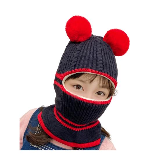 Children Hat Plush Balls Decor Thickened Knitting Hat 3-in-1 Design Hat Scarf Face Guard Headgear Elastic Fit Windproof Hat