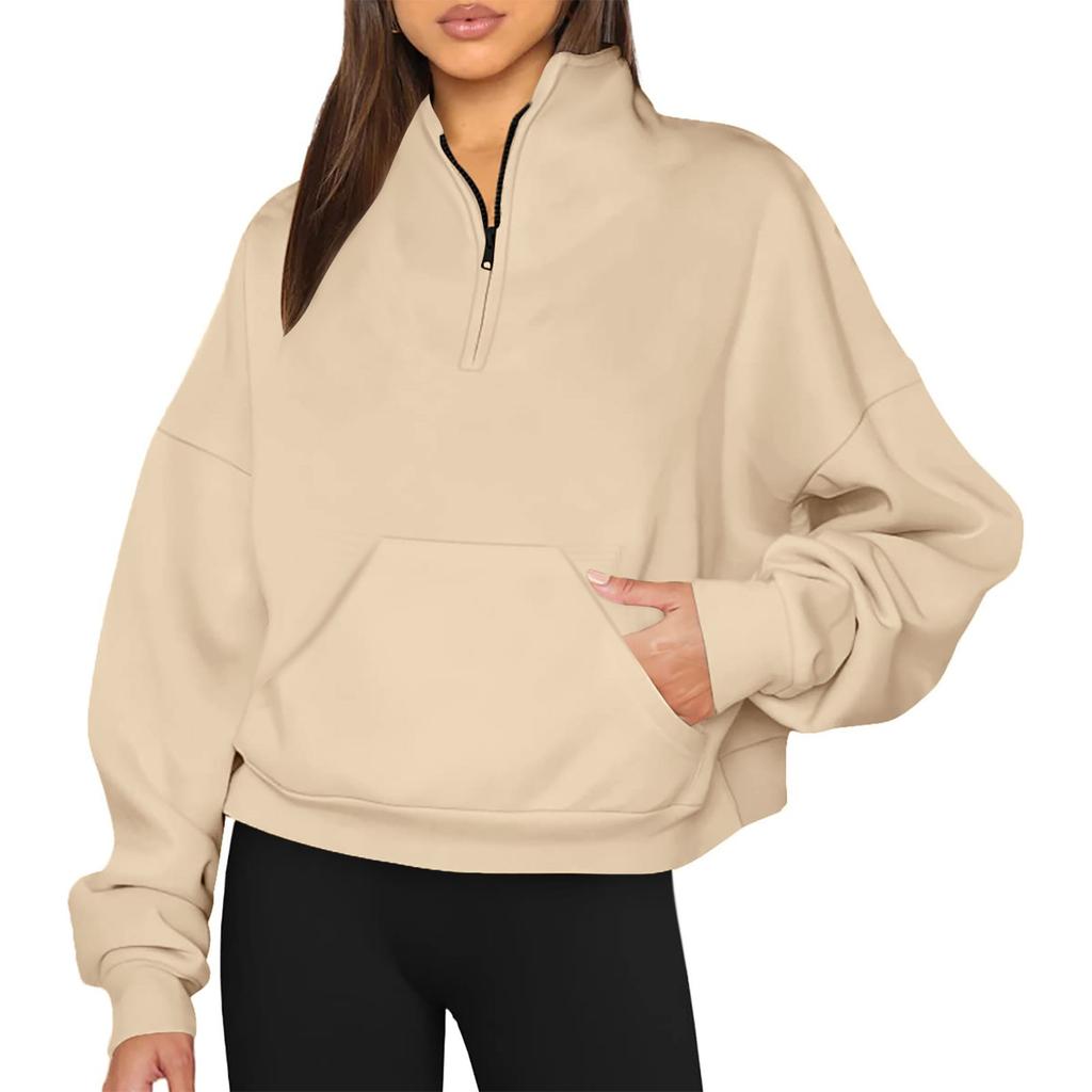 Women's Casual Fashion Long Sleeve Solid Color Zip Pocket Sweatshirt Top