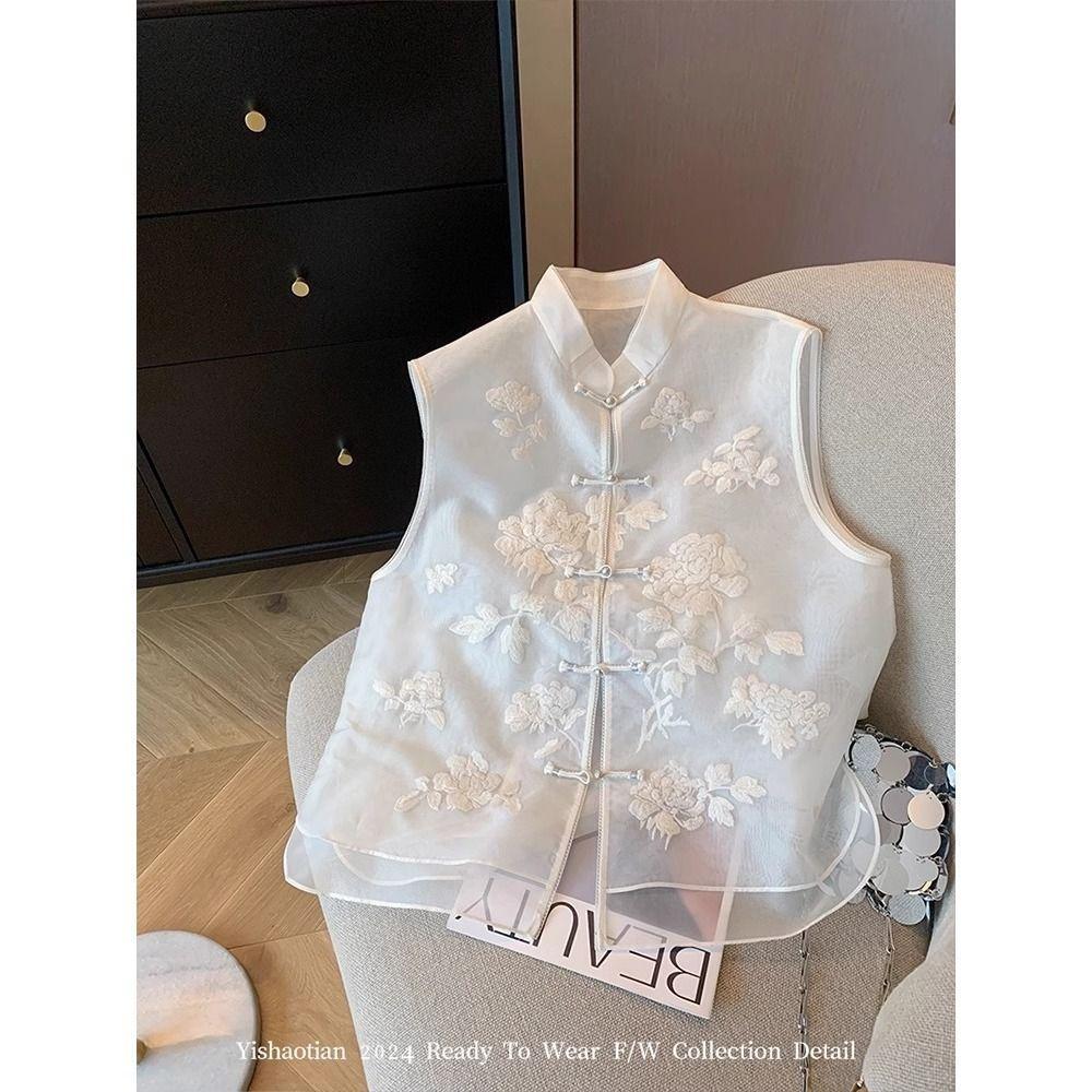 

Белый вышитый жилет с воротником-стойкой и застежкой-диском для женского весенне-летнего темперамента, женский жилет без рукавов L (recommended 100-56kg)