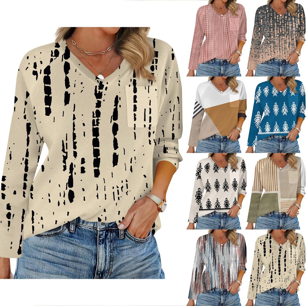 Women's Raglan Long Sleeve V-Neck T-Shirt Splicing Solid Color Casual Top Pullover V-Neck Pocket Bottoming Shirt