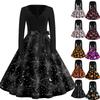 Women's Casual Vintage V Neck Dress Long Sleeve Halloween Print Swing Dress with Waist Tie Retro Style Midi Dress