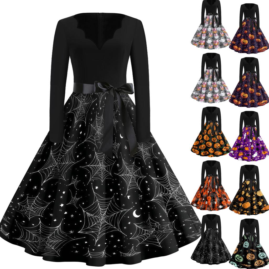 Women's Casual Vintage V Neck Dress Long Sleeve Halloween Print Swing Dress with Waist Tie Retro Style Midi Dress