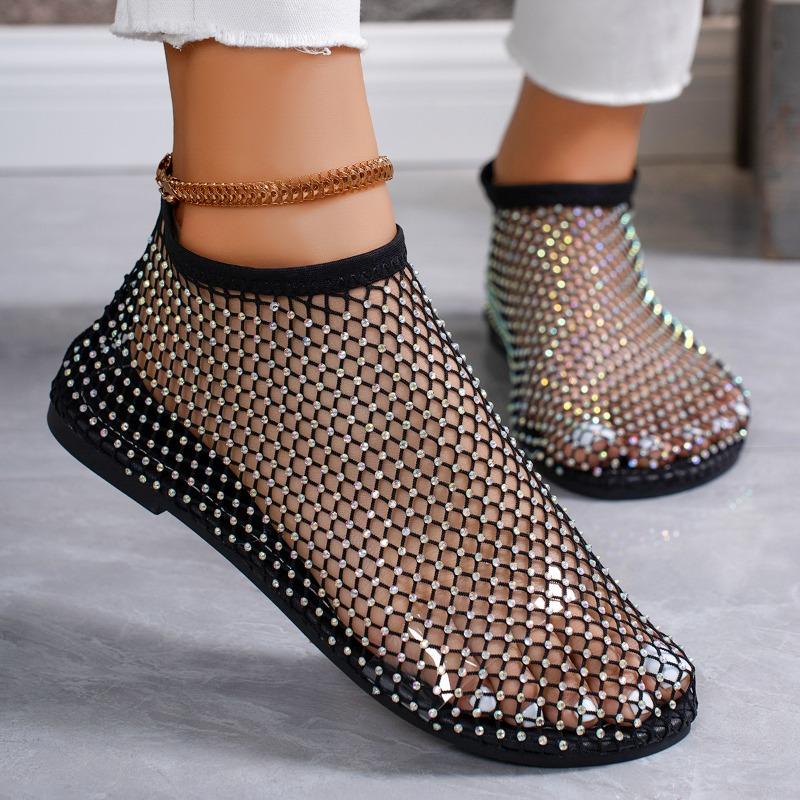 Ladies' Summer Round Toe Sandals with Hollowed Out Internet Celebrity Studded Diamond Short Boots, Sexy Plus Size Flat Shoes, Breathable
