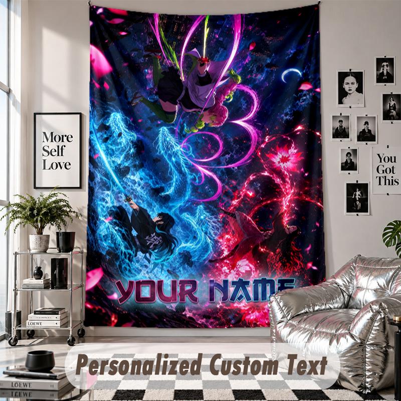 Wall Hanging Tapestry With Custom Name & Text, Demon Slayer Decorative Tapestry For Bedroom
