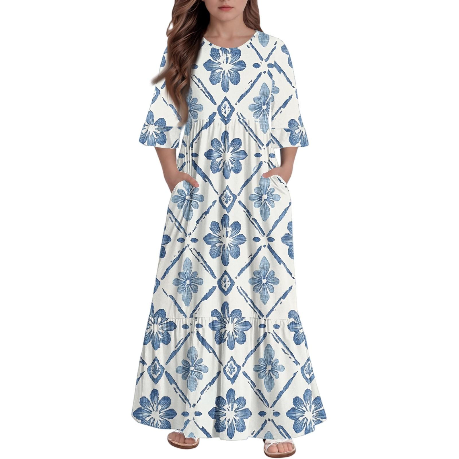 

Платье с многоярусными оборками для девочек - Макси с карманами, рукав 3/4 160