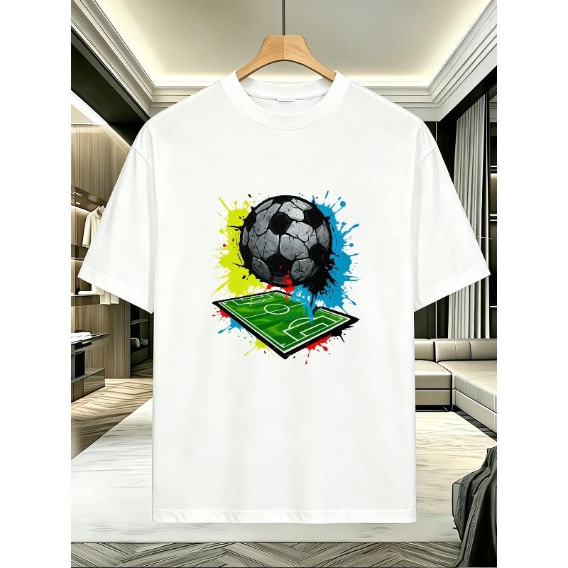 European Size Sports Style Printed T-Shirt, Soccer Ball And Football Field Short Sleeve, Durable Print, Skin-Friendly Lightweight Fabric