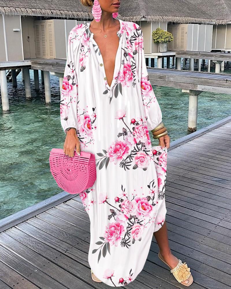 New Fashion Printed V-Neck Button Dress Women s Clothing S