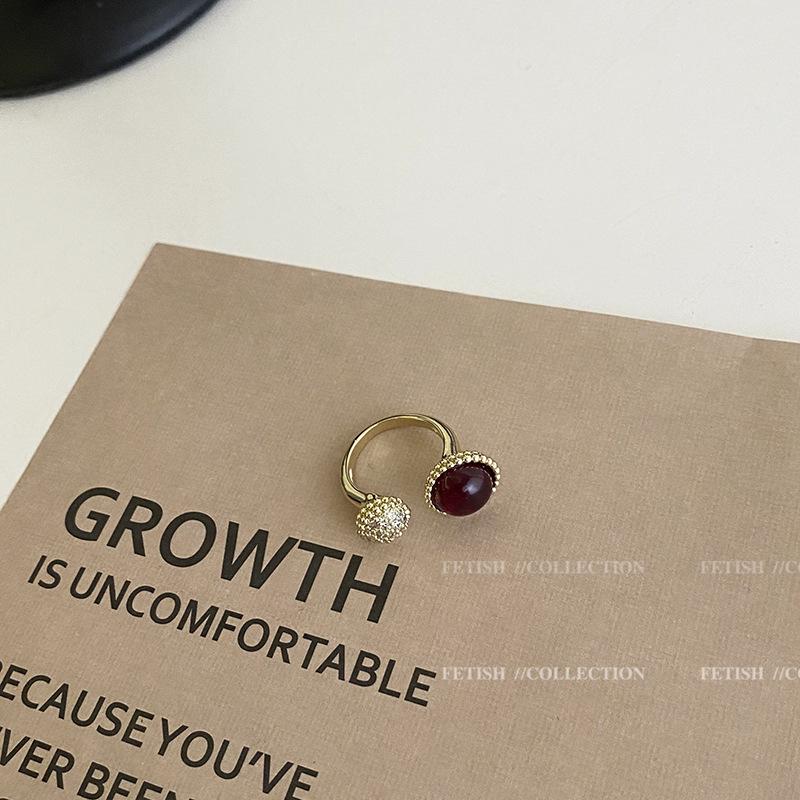 Retro French Style Adjustable Wine Red Zircon Ring for Women - Trendy Luxury Half-Sphere Design Adjustable open-end