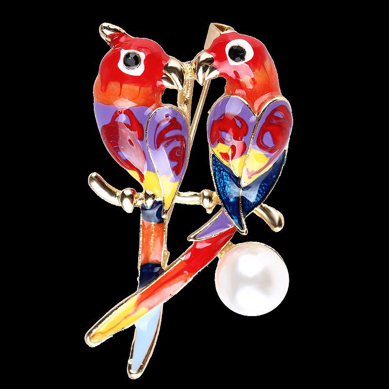 High-End Alloy Enamel Painted Parrot Brooch - Little Birds Kissing Lapel Pin