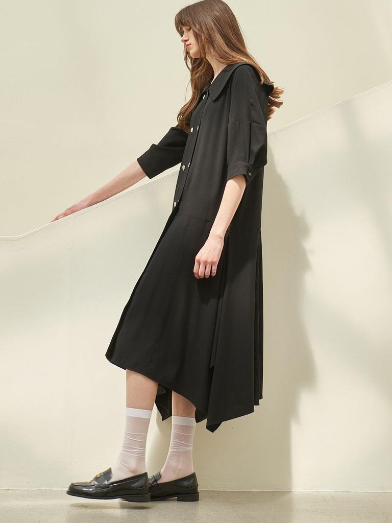 Mite Cape Collor Unbalance Ham Line Dress_Black