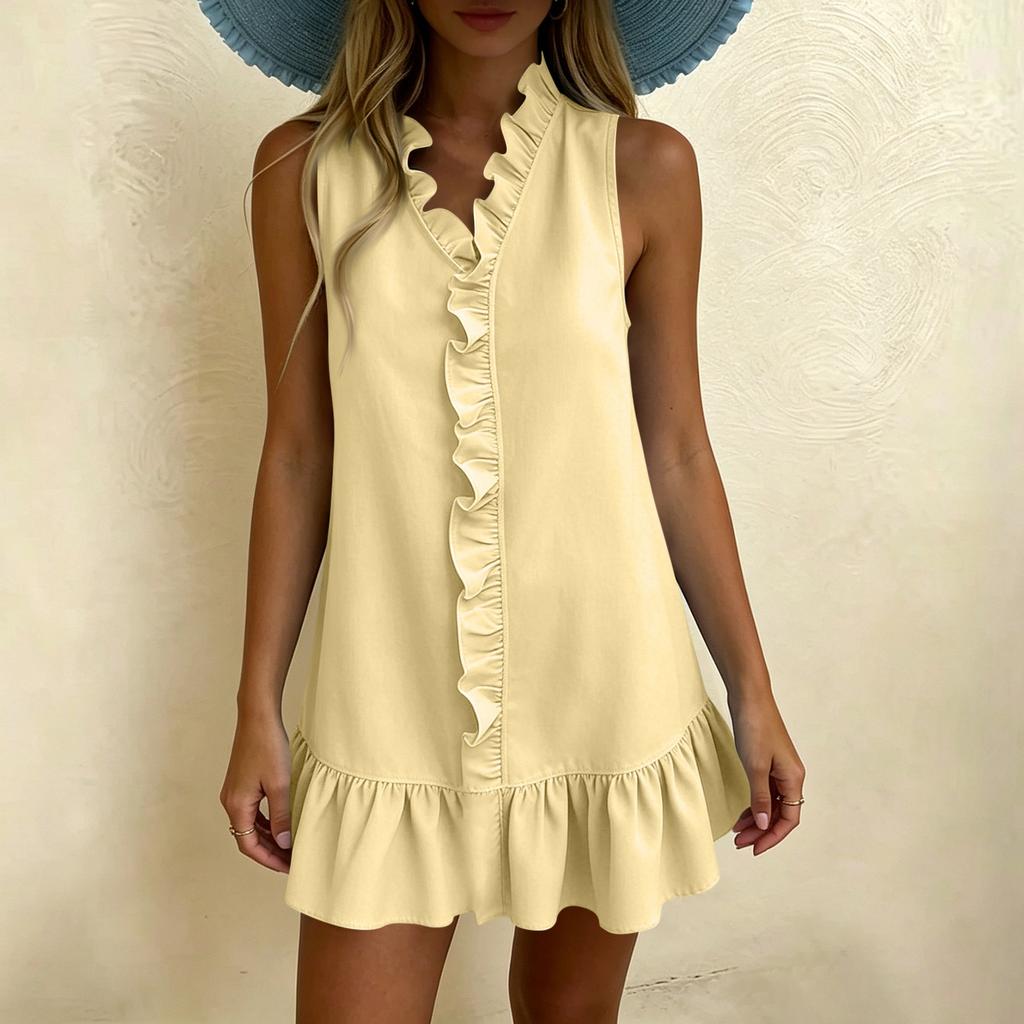 Women's Summer Fashionable Color Sexy V-neck Sleeveless Casual Cotton Linen Ruffle Edge Dress