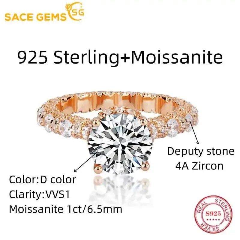 Sace Gems GRA Certified 1ct Moissanite Ring VVS1 Lab Diamond Solitaire Ring for Women Engagement Promise Wedding Band Jewelry