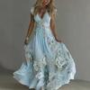 Summer Floral Maxi Dress for Women Short Sleeve V Neck A-line Swing Dress Floral Printed Beach Vacation Sundress