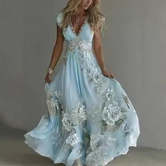 Summer Floral Maxi Dress for Women Short Sleeve V Neck A-line Swing Dress Floral Printed Beach Vacation Sundress