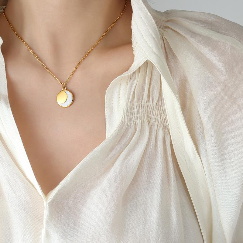 Chic French Light Luxury Moon Pendant Necklace - Korean Style, Enamel Inlay