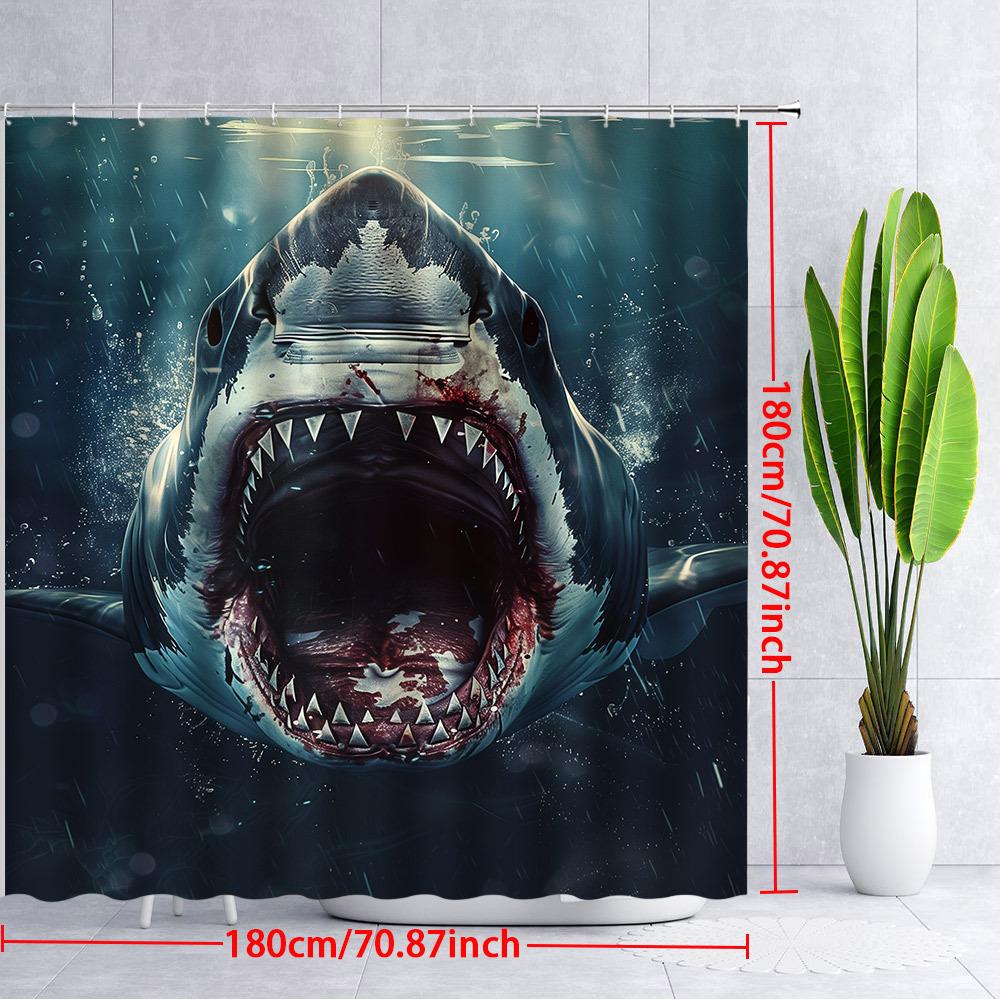 Polyester Shark Shower Curtain Waterproof Bathroom Liner Men's Decor Scary Jaws Caveman Art Shower Curtain for Modern Home