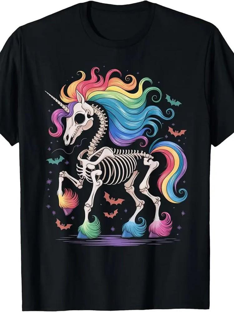 180g Halloween dabbing Unicorn Skeleton Rainbow Tee T-Shirt Unisex T-Shirt M