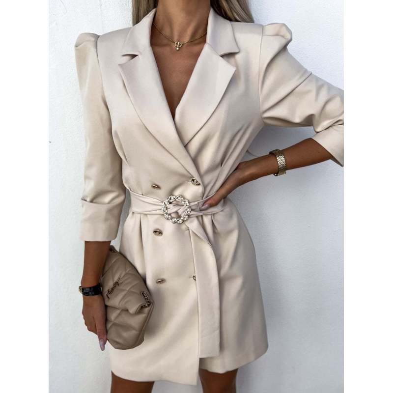 

Tooxika Женский новый OL пригородный костюм воротник двубортный талия однотонный тонкий платье с поясом XXL хаки