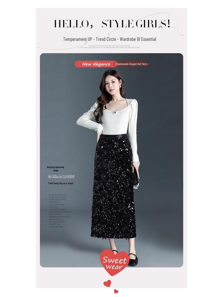 Winter Women's High-Waisted Velvet Sequin Bodycon Skirt - Stylish, Slimming, and Hip-Covering Design