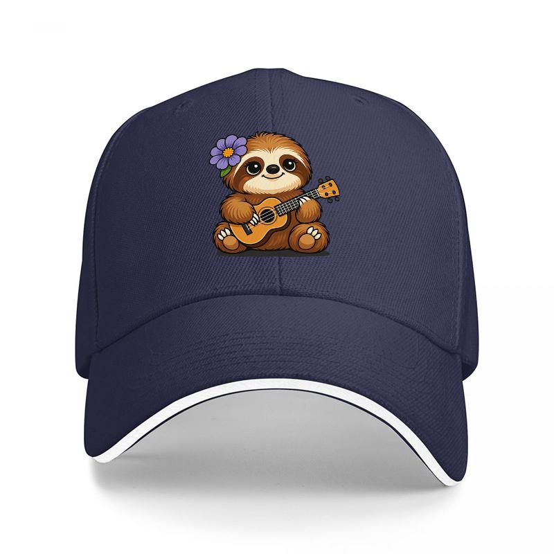 Faultier spielt Ukulele Baseballkappe mit Blumenmuster Schwarz Verstellbare Mütze für Musikliebhaber und Naturliebhaber