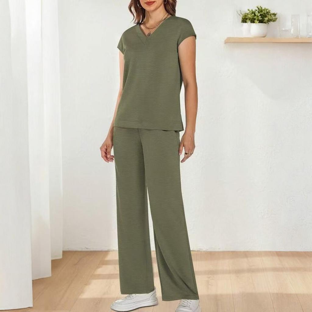 Fashionable Women's Loose V-neck Short Sleeved Top, Loose Casual Wide Leg Pants Set