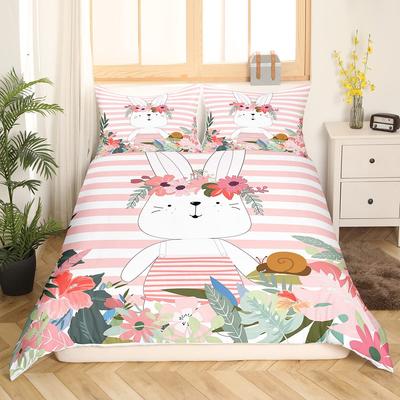 Rabbit Print Kids Girls King Queen Duvet Cover Cartoon Pink Little Bunny Comforter Cover Animal Floral Polyester Bedding Set