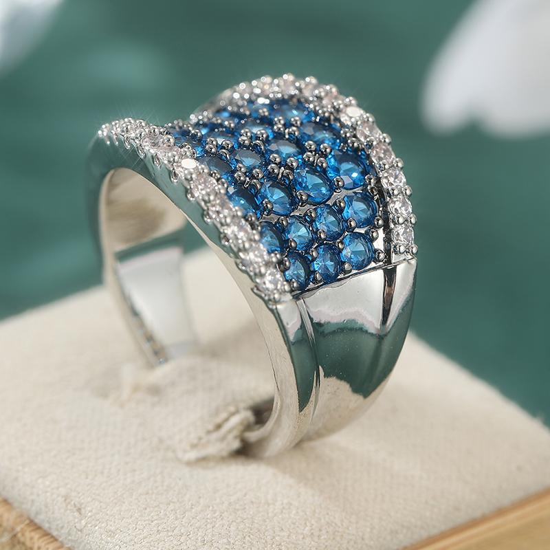 Exquisite Inlaid White Blue CZ Women's Ring Aesthetic CopperColor Geometry Daily Wear Party Jewelry Anniversary Gift