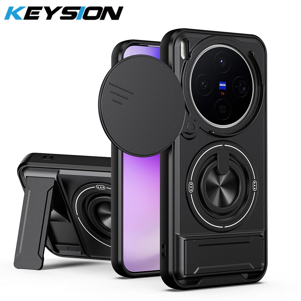 KEYSION Magnetic Phone Case for VIVO X300 Pro 5G Slide Camera Protection Upright Kickstand Ring Shockproof Cover for VIVO X300 for VIVO X300 чёрный