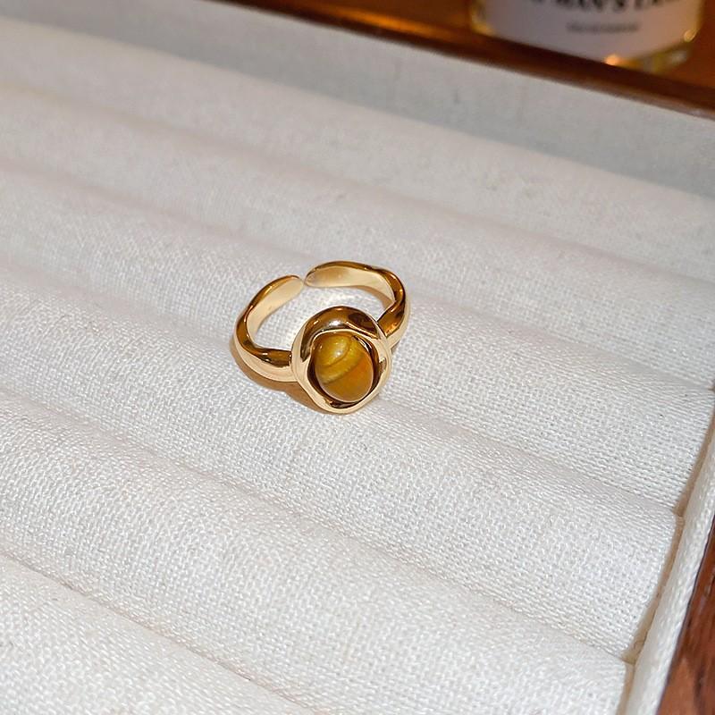 Vintage zircon tiger's eye stone round open ring Maillard style index finger ring fashion niche design ring woman