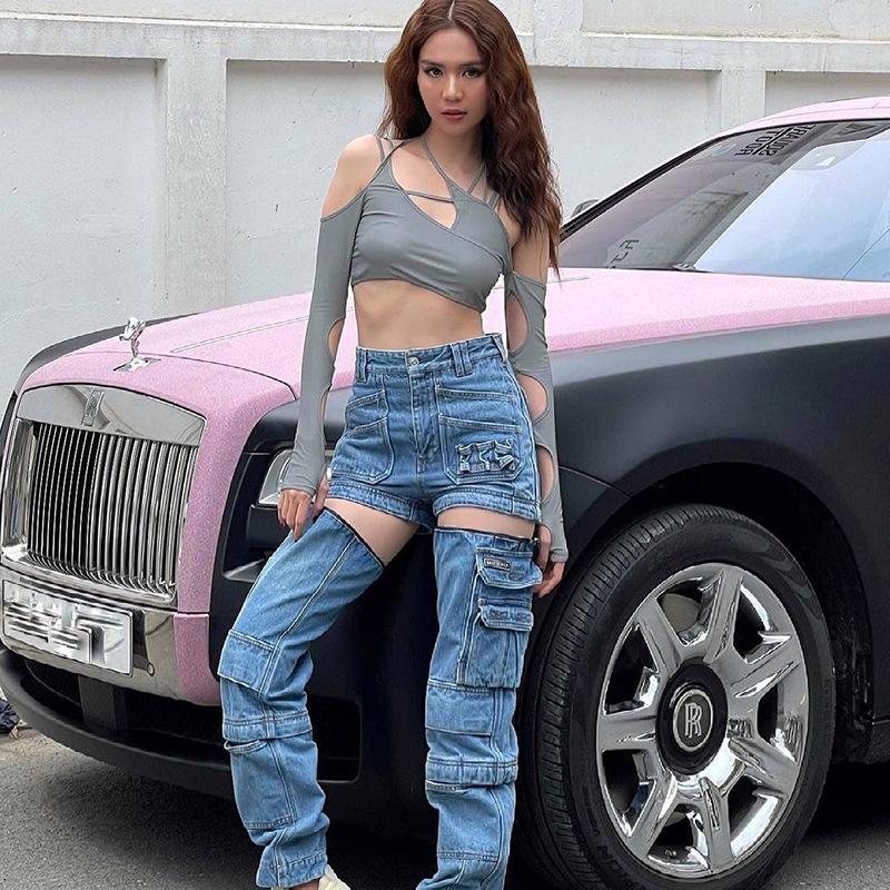 2022 Summer New Goth Y2k Punk T-skjorte Dame Halter Topper Gothic Girl Patchwork Langermet Crop Top Sexy Cut Out Casual T-skjorter