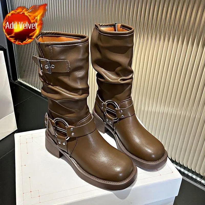 Fashion Leather Fleece-Lined Middle Heel Half High Boots for Women Comfortable and Elegant Y2k Large Size Warm Pu Mid Calf Shoes Woman