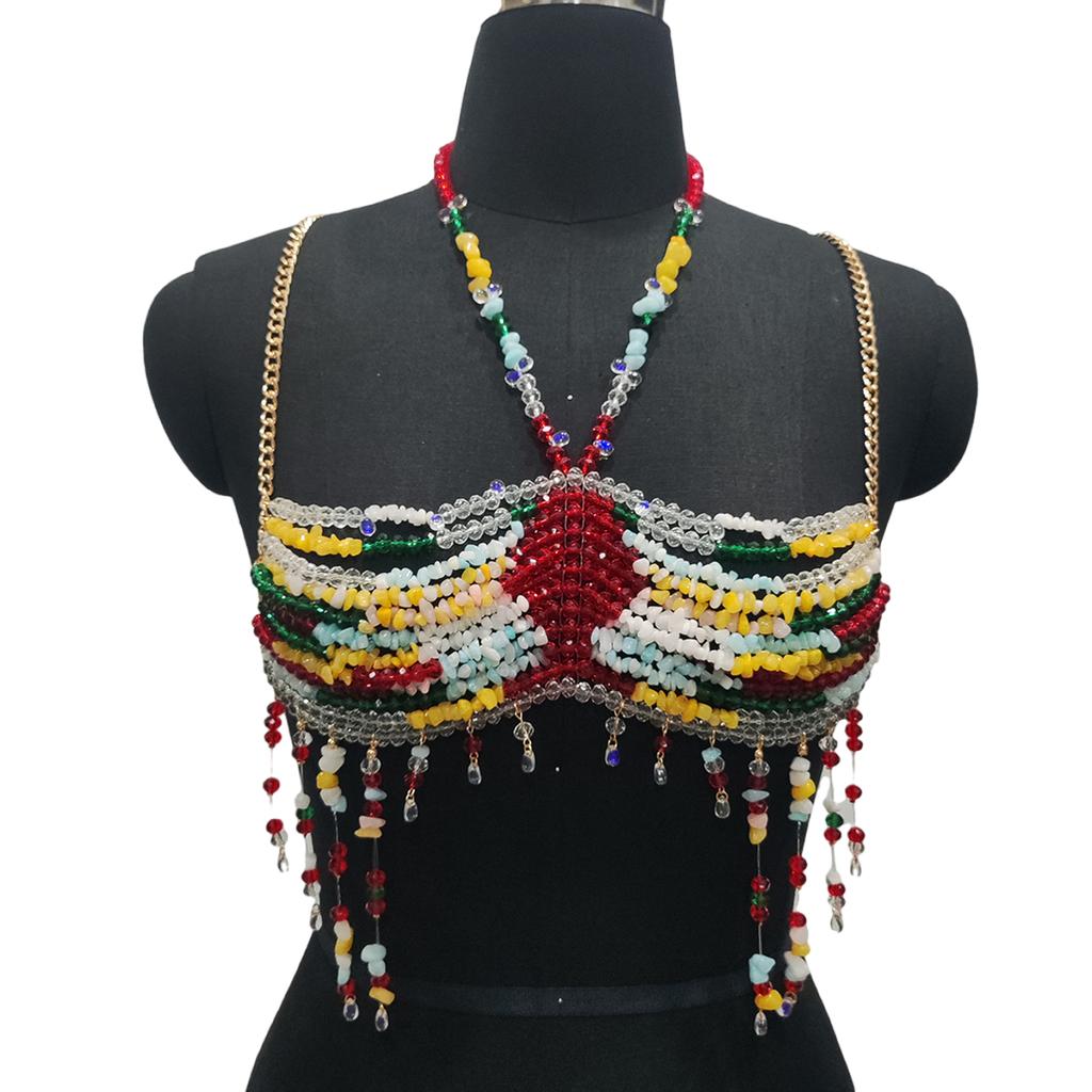 Womens Exotic Colorful Beads Tassels Halter Neck Bra Chain Crop Top Hollowed Body Jewelry Chest Chain for Beach Festival