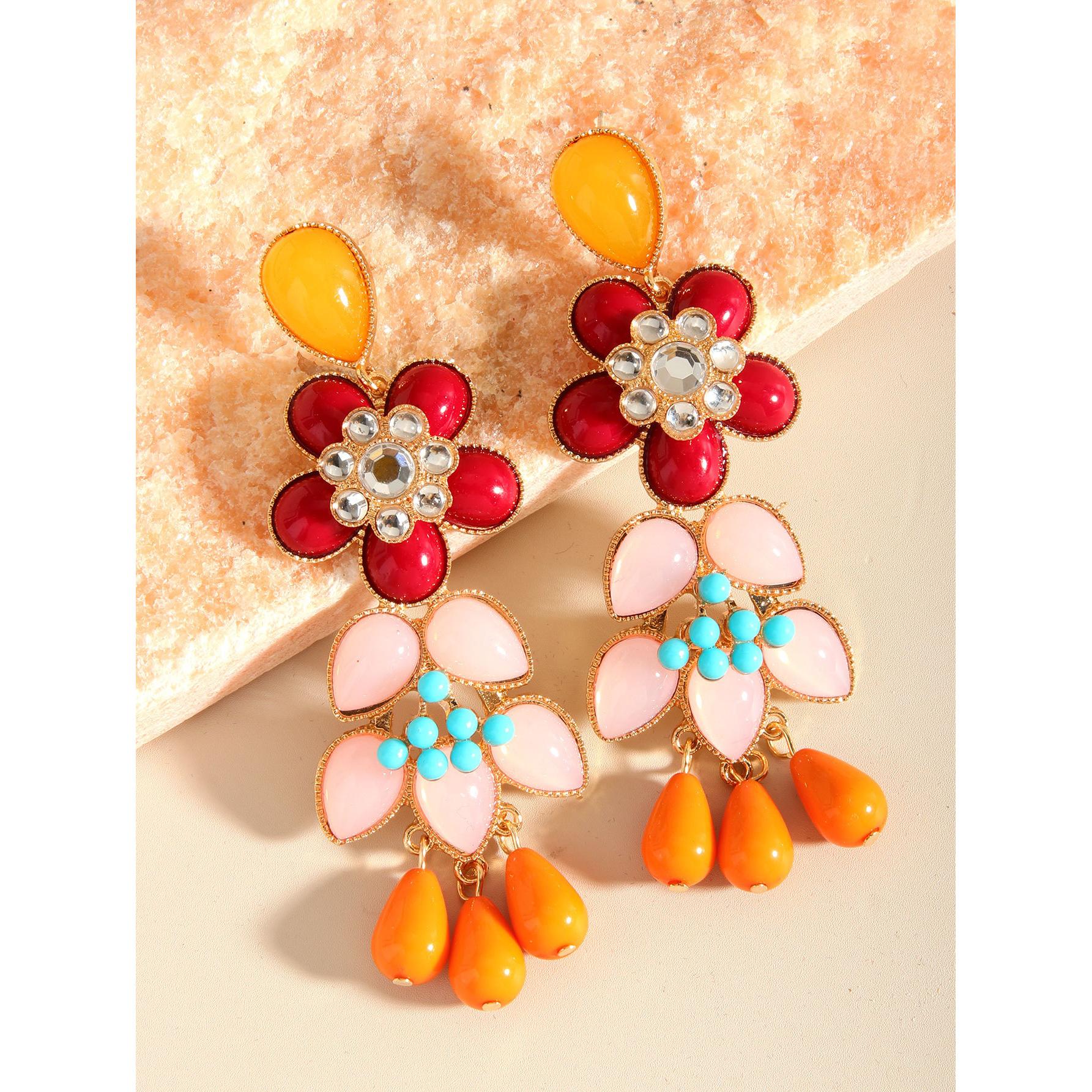Bohemian Style Colorful Flower Tassel Earrings, Exaggerated Long Resin Versatile Women S Daily Wear Jewelry Pair