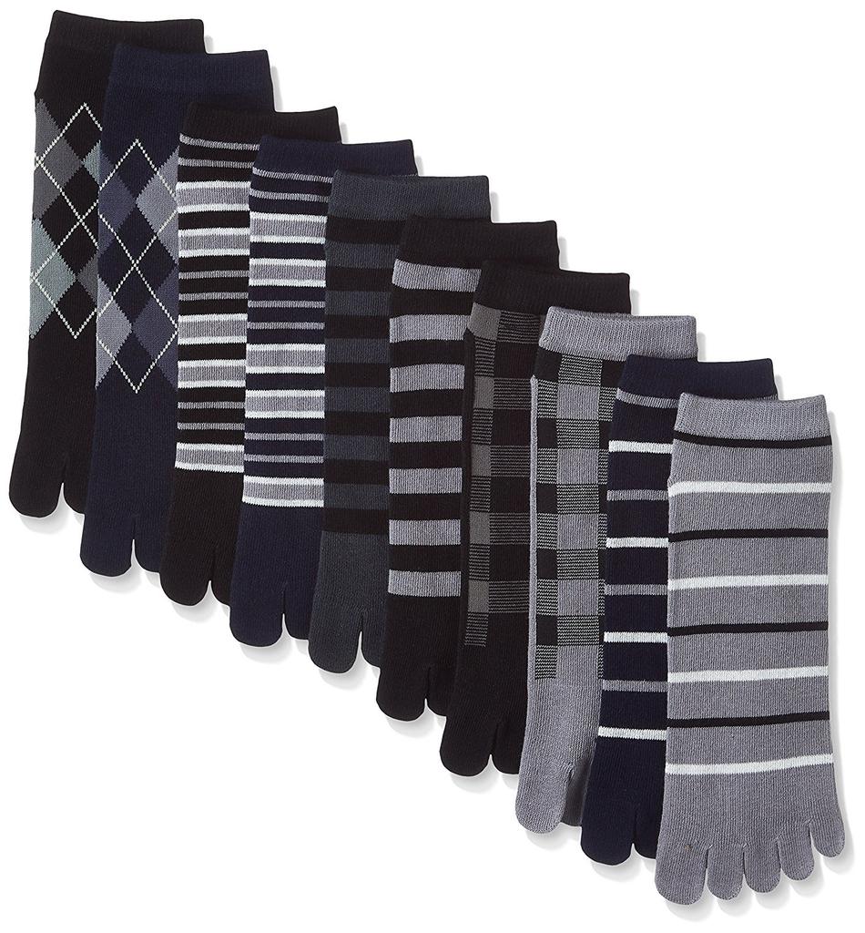 Monotone Socks [box408] Men's Five-Toe Socks, 10-Pair Set, Colors, Heeled, Five-Toe (27-29cm)