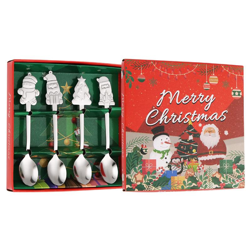 Durable Stainless Steel Christmas Spoon Set 4Pcs Adorable Snowman Santa Tree Handle Flatware for Daily Xmas Dining Use