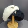 Korean Version of Versatile Bow with Rabbit Fur Backwards Beret White Women's New Winter Sweet and Cute