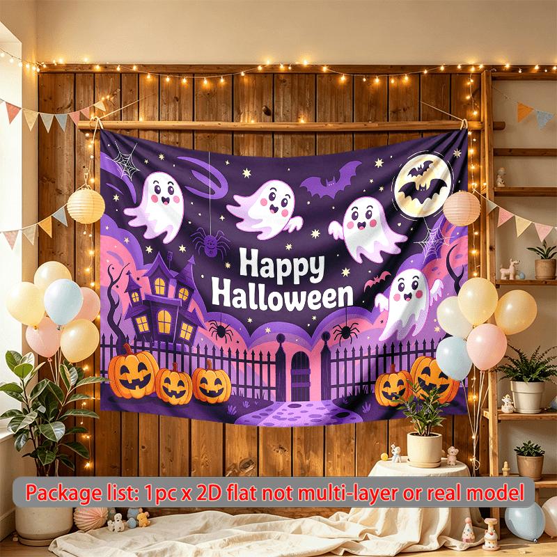 Pumpkins Ghosts Halloween Night Backdrop, Spooky Polyester Banner for Party Decor & Photos