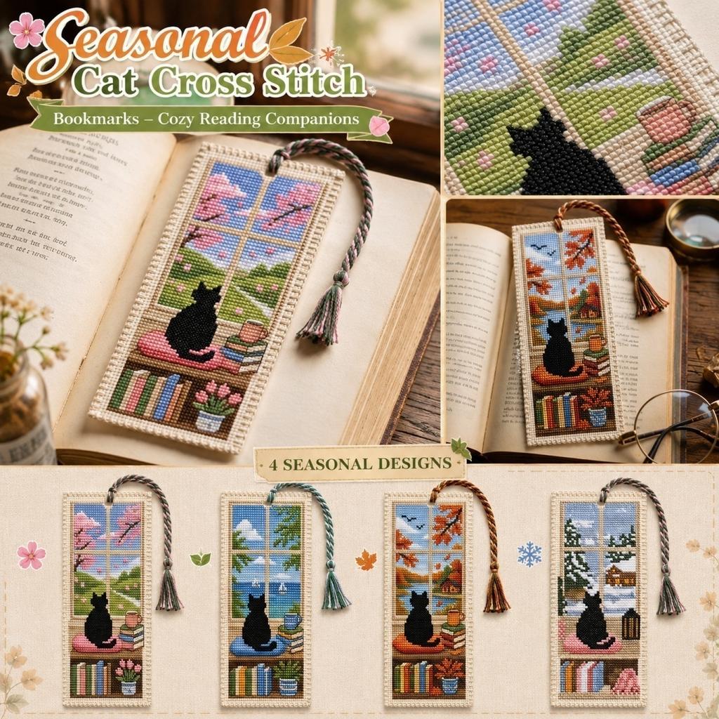 Seasonal Cat Cross Stitch Bookmark with Tassel Handmade Needlepoint Reading Accessory for Book Lovers and Craft Enthusiasts