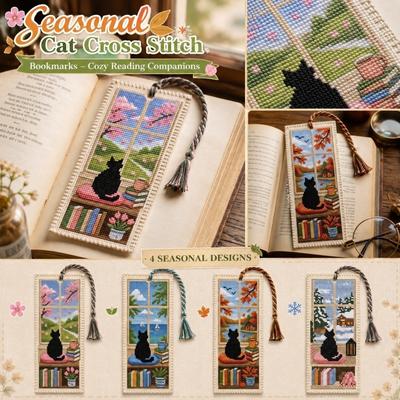 Seasonal Cat Cross Stitch Bookmark with Tassel Handmade Needlepoint Reading Accessory for Book Lovers and Craft Enthusiasts